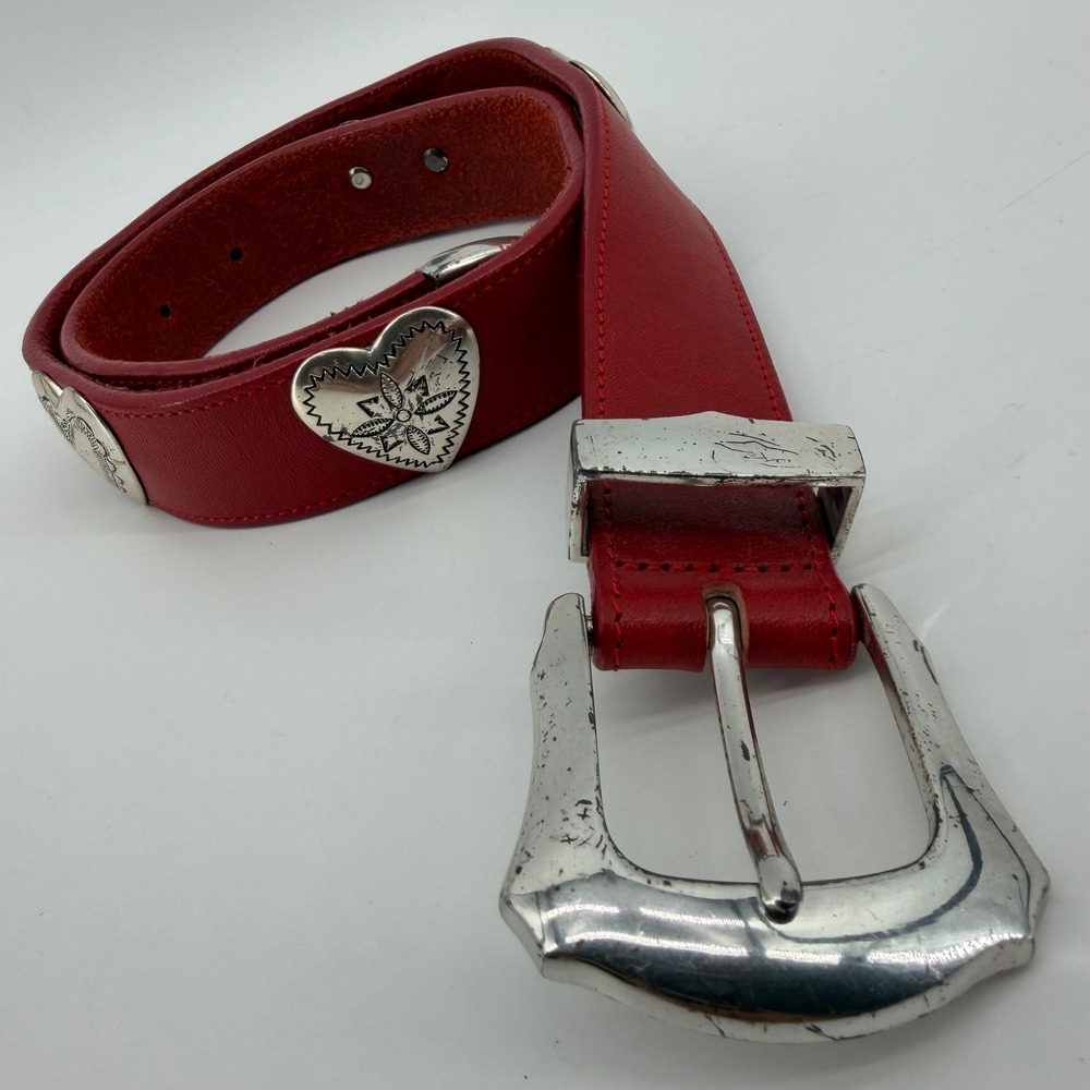 Brighton Belt Women 28 Red Leather Western Heart Concho Silver Buckle Engraved